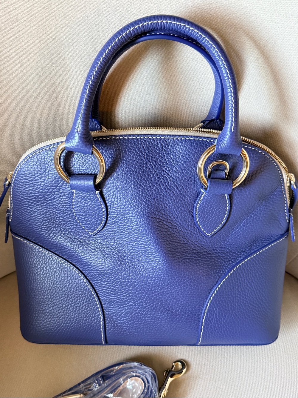 Dooney & Bourke Lucca Marine Blue Pebble Leather Satchel with Gold Hardware - Picture 3 of 10